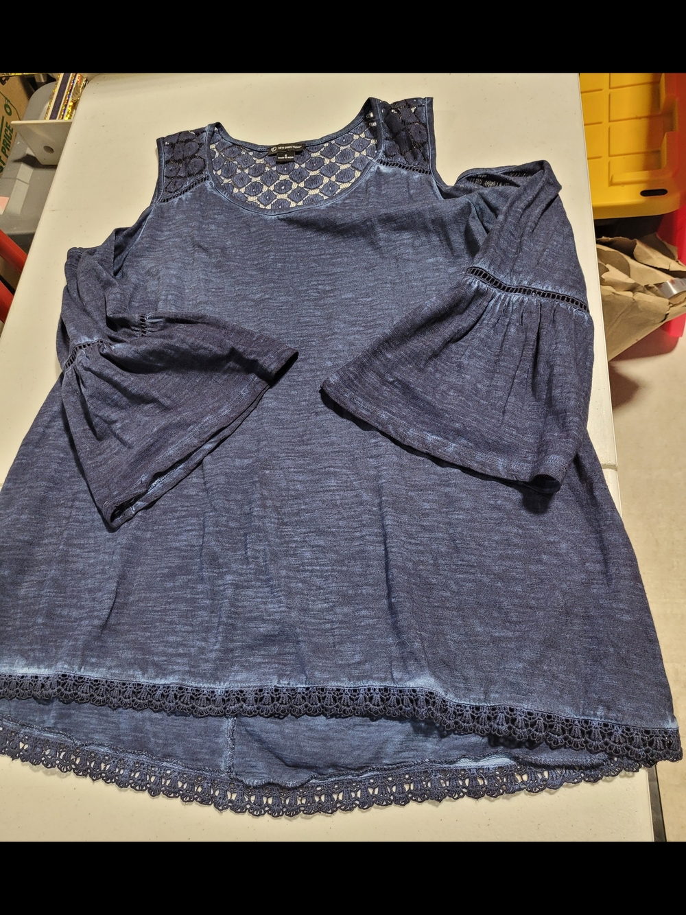 new directions Navy Cold-Shoulder Crochet Trim Blouse